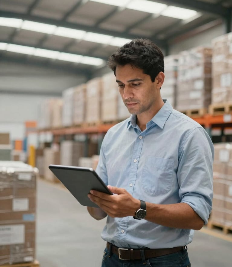 Photography of a professional logistics manager in a modern industrial setting in South America. They are holding a digital tablet, overseeing the movement of goods in a bright, clean warehouse. The lighting is professional and soft, emphasizing a solution-oriented and trustworthy atmosphere.
