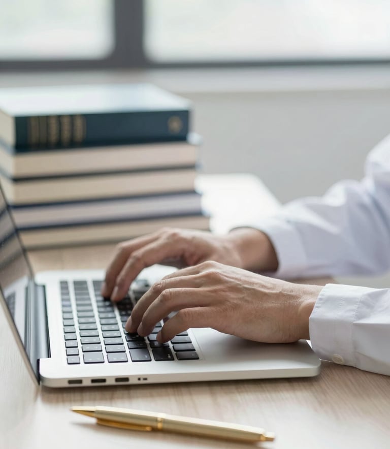 A close-up of a researcher's hands typing on a laptop next to a stack of academic books in a bright, modern office. Soft light reflecting off a gold pen on the desk. Professional and studious vibe.