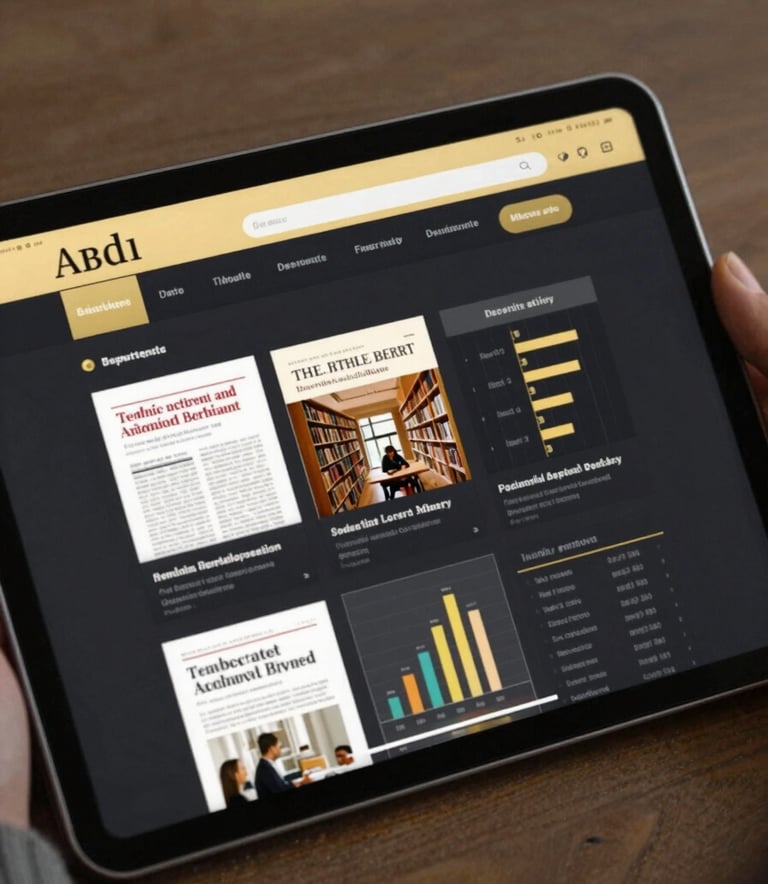A sophisticated digital library interface on a sleek tablet screen, displaying academic journals and data charts. The image uses a palette of gold, deep black, and dark grey. Professional and modern atmosphere.