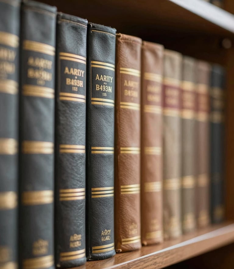 A close-up shot of a classic library bookshelf with professional gold-embossed books, symbolizing authority and knowledge. The lighting is warm and academic, highlighting textures of paper and leather in shades of #4A4A4A and #B4936B.