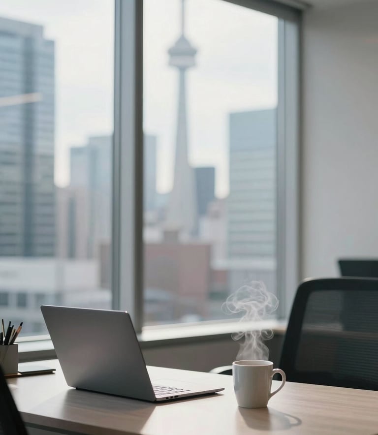 A bright, modern professional office space in Toronto, Canada. A large window shows a soft blurred cityscape. On a clean desk sits a laptop and a steaming mug. The lighting is natural and warm, creating a sense of clarity and professionalism. The color palette features steel blue and soft grey tones.