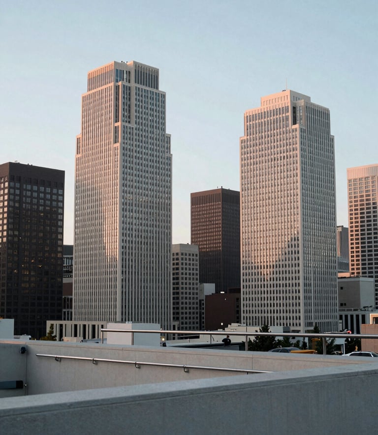 A serene photography shot of a modern North American urban skyline at dawn. The lighting is soft and hopeful, with a focus on stable architecture and clean lines. The composition uses a palette of light blue-grey and off-white to evoke a sense of a fresh, secure beginning.