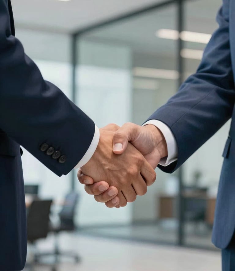 A close-up of a reassuring handshake between two professionals in a North American business setting. The focus is on the connection and trust, with soft lighting and a background of a modern architectural office. Professional attire in navy and light blue tones.