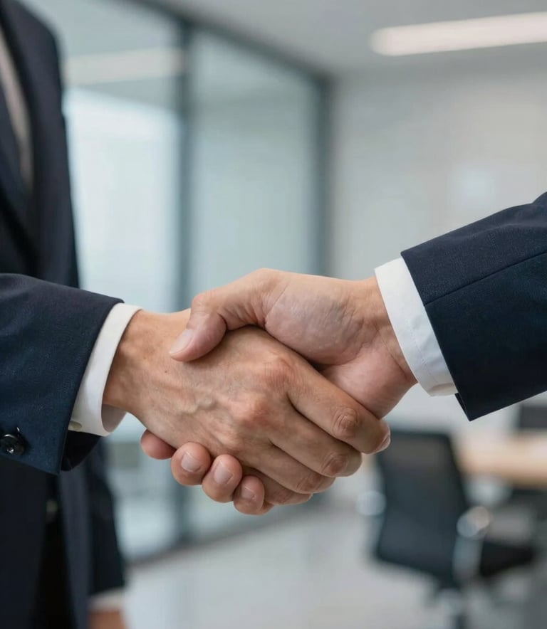 A close-up photograph of a firm, professional handshake between two people in a bright, modern North American office setting. The background is softly blurred, showing hints of steel blue and light grey tones, conveying a sense of mutual trust and professional commitment.