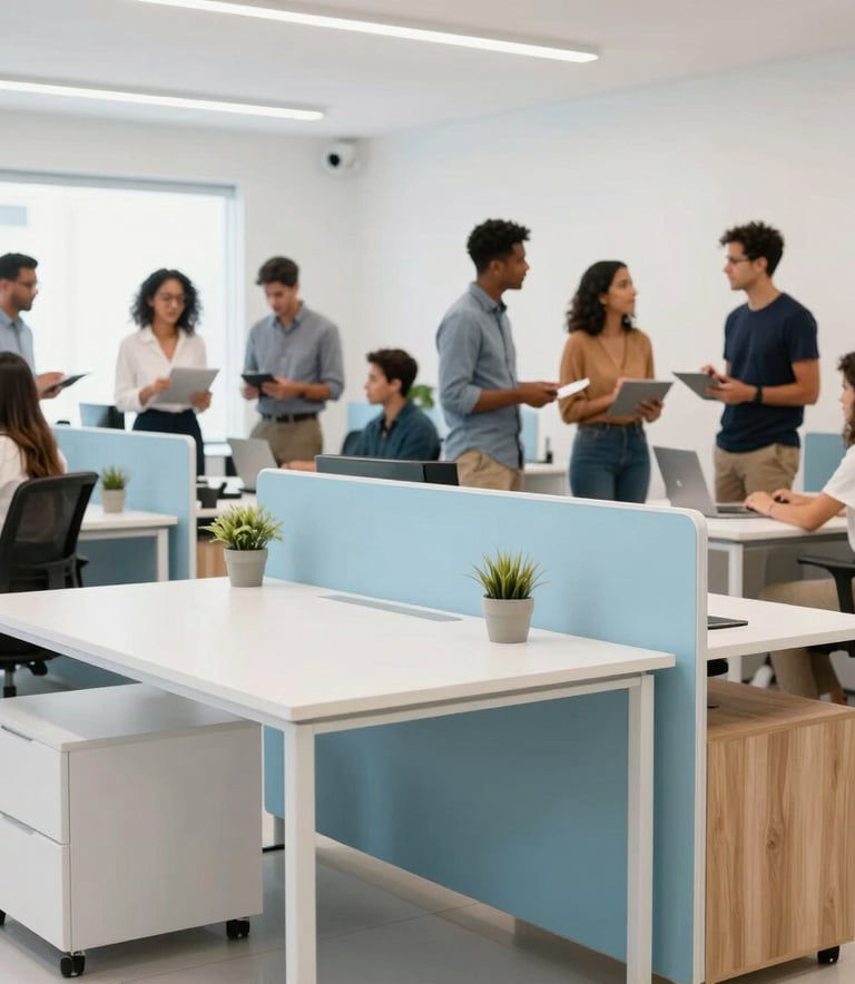 A bright and airy South American marketing studio. A group of Brazilian professionals are seen collaborating in the background. The foreground features clean office furniture. The mood is energetic yet professional, with a palette of white, light blue, and wood.