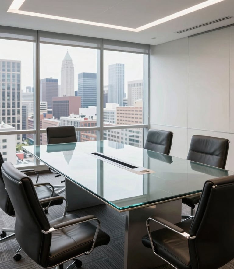 A high-angle shot of a bright, modern North American conference room with a large glass table and leather chairs, overlooking a clean city skyline, reflecting professionalism and legal authority.