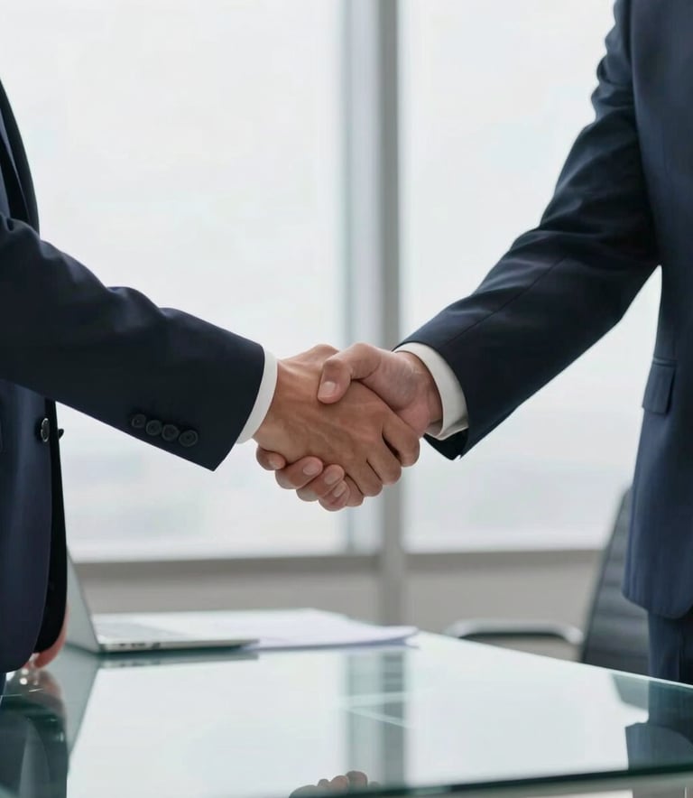 Close-up photography of two business professionals in dark navy attire shaking hands across a glass desk in a bright North American office, emphasizing trust and collaboration.