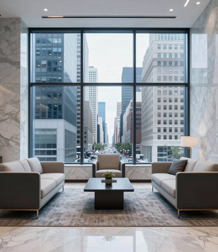 An interior shot of a sophisticated law firm lobby in the US, featuring minimalist furniture, marble accents, and a large windows overlooking a vibrant city, in a slate blue and white color scheme.