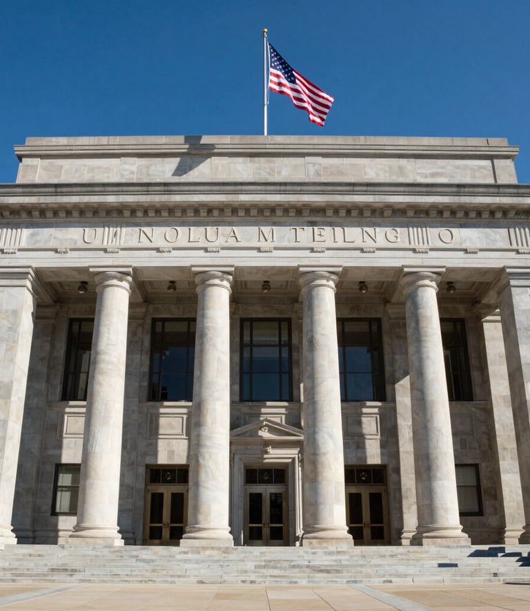 Architectural photography of a prestigious courthouse entrance with stone pillars and a North American flag, clear blue sky, professional and authoritative atmosphere, high contrast and clean lines.