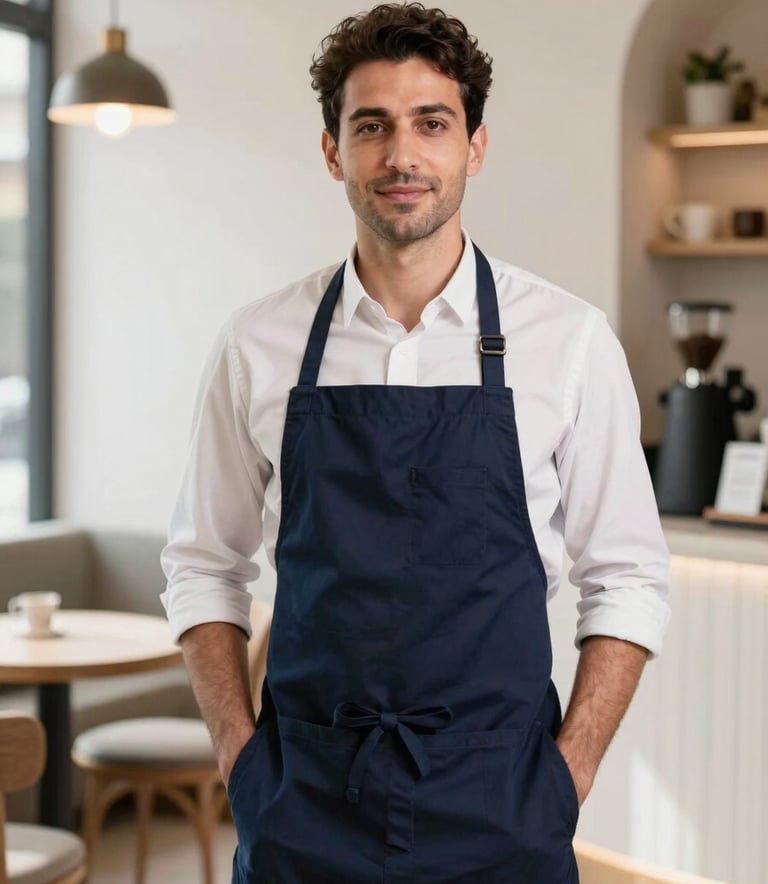 A professional portrait of a Turkish coffee consultant in a minimalist navy apron standing in a bright, modern Anatolian coffee shop, soft natural lighting, looking confident and trustworthy, premium minimalist background.