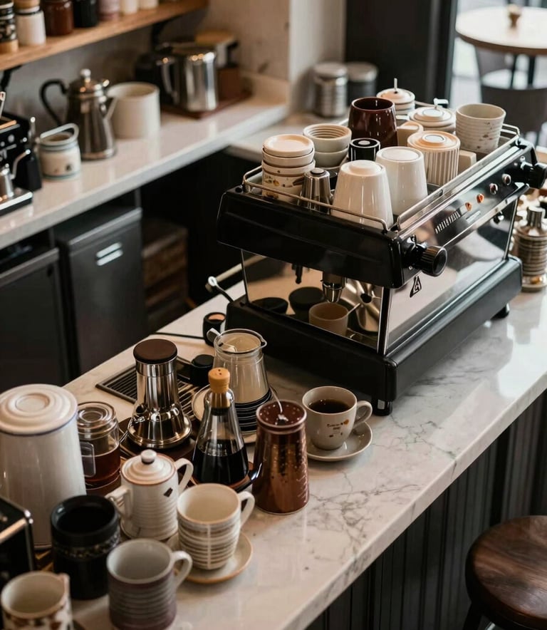 An overhead shot of a cluttered, poorly organized coffee bar, contrasting with the brand's minimalist aesthetic. Turkish / Anatolian cafe setting, showing common operational mistakes.