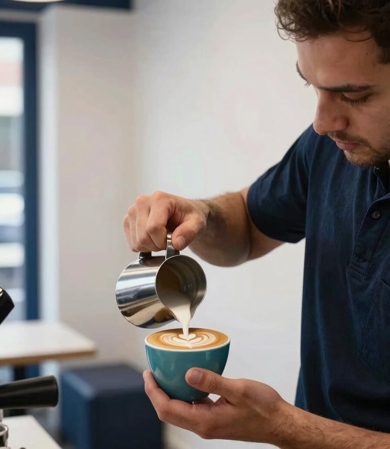 A close-up of a professional Turkish barista meticulously crafting latte art in a minimalist, modern coffee shop setting with clean white walls and navy accents. Soft, premium indoor lighting.