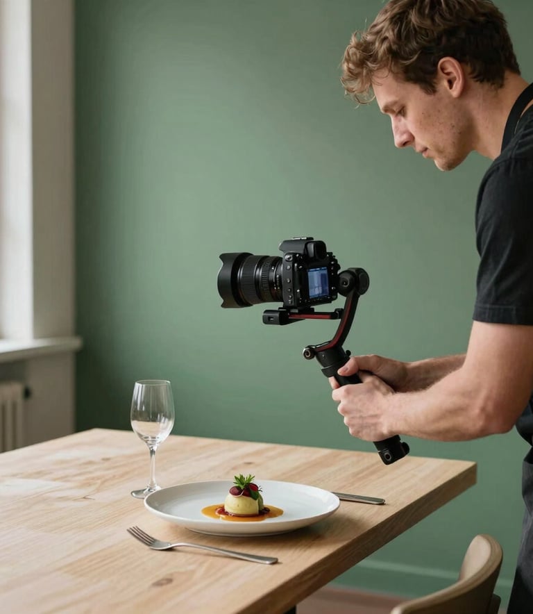 A professional content creator in a minimalist Scandinavian restaurant setting, using a gimbal-mounted camera to film a chef plating a modern dish. Soft natural light, with Crisp Parchment and Matte Forest Green interior accents.