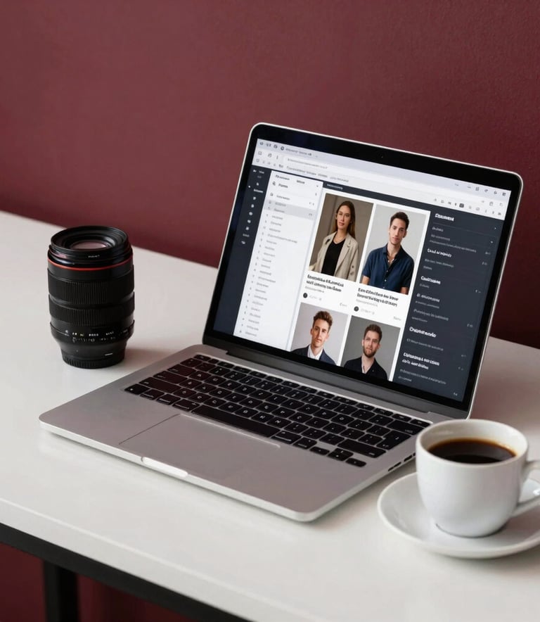 A professional digital workspace in a modern Stockholm studio. A laptop displays social media analytics next to a camera lens and a fresh cup of coffee. The setting is clean and minimalist with Crisp Parchment and Deep Ripe Crimson accents, reflecting a professional Scandinavian agency vibe.