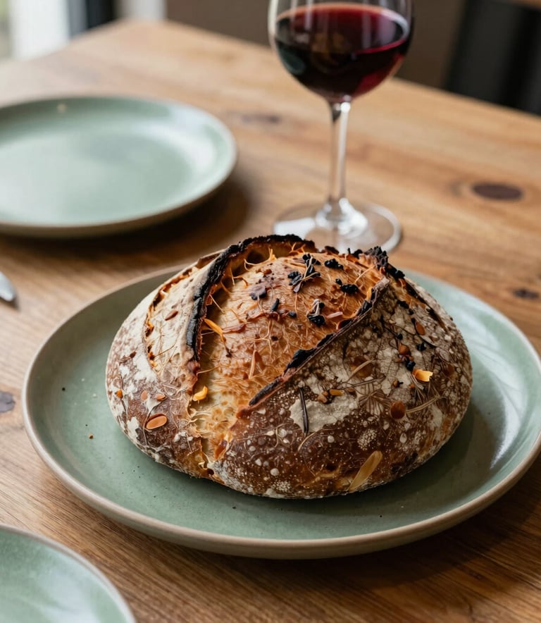 A close-up, high-angle shot of a rustic wooden table in a Northern European restaurant, featuring artisanal sourdough bread, a glass of red wine, and Matte Forest Green ceramic plates under soft, natural morning light.