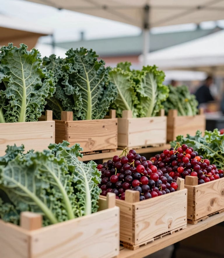 A vibrant outdoor shot of a modern food market in Northern Europe, showing crates of organic kale and deep crimson berries arranged artfully on wooden stalls under a soft, overcast sky.
