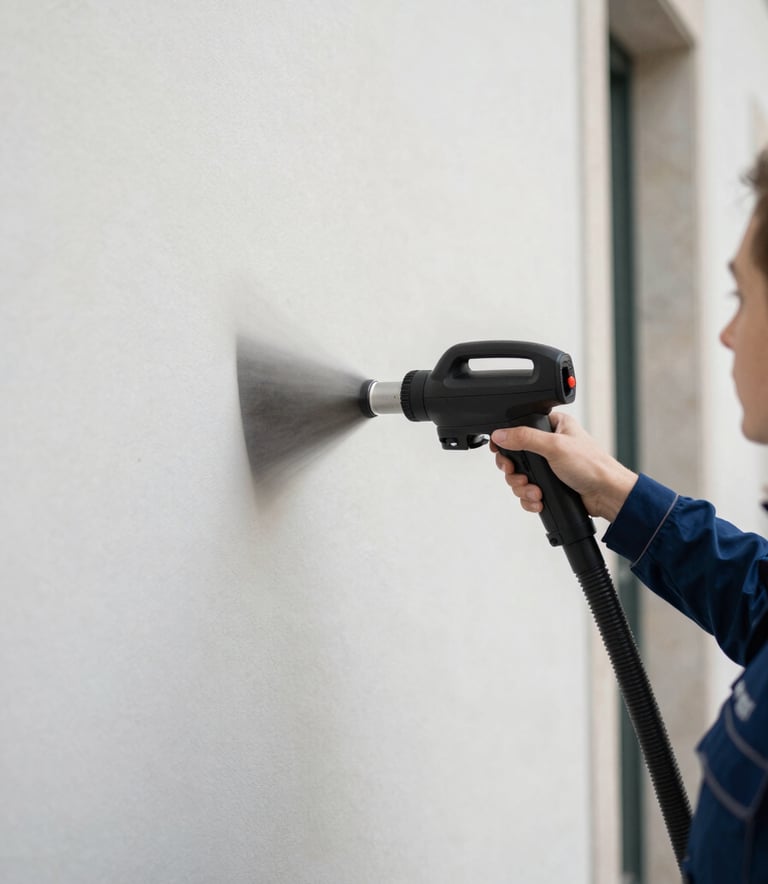 Close-up of a professional using a specialized steam cleaner on a delicate architectural surface in a modern European / Portuguese building. Soft natural lighting, clean composition with dark blue and mist white accents.