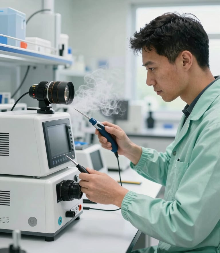 Professional cleaning technician in a European / Portuguese laboratory setting, meticulously cleaning high-tech equipment with specialized tools. Sharp focus, bright and clean atmosphere with mist white and light green tones, professional attire.