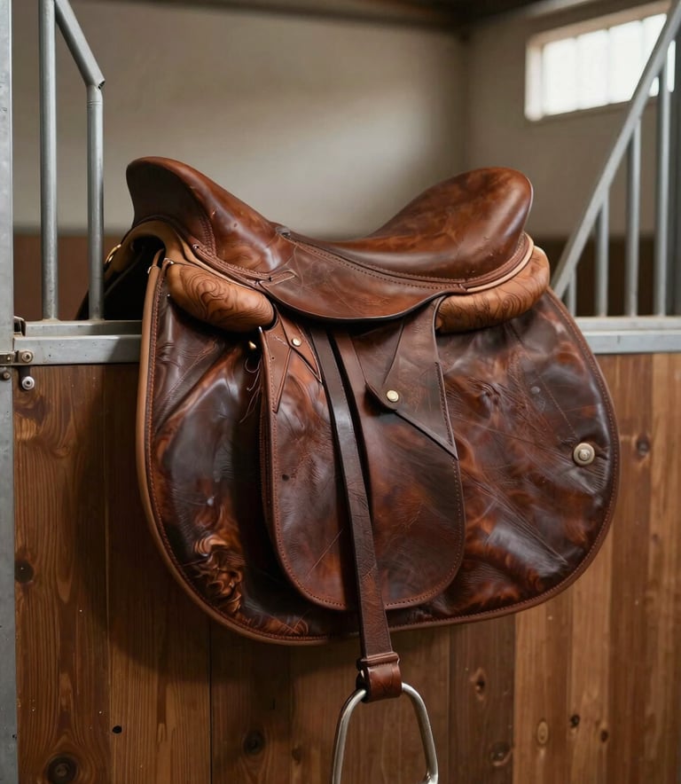 High-quality rich walnut brown leather equestrian saddle and bridle set displayed in a professional stable environment in a South Asian / Indian riding club, soft cinematic lighting.