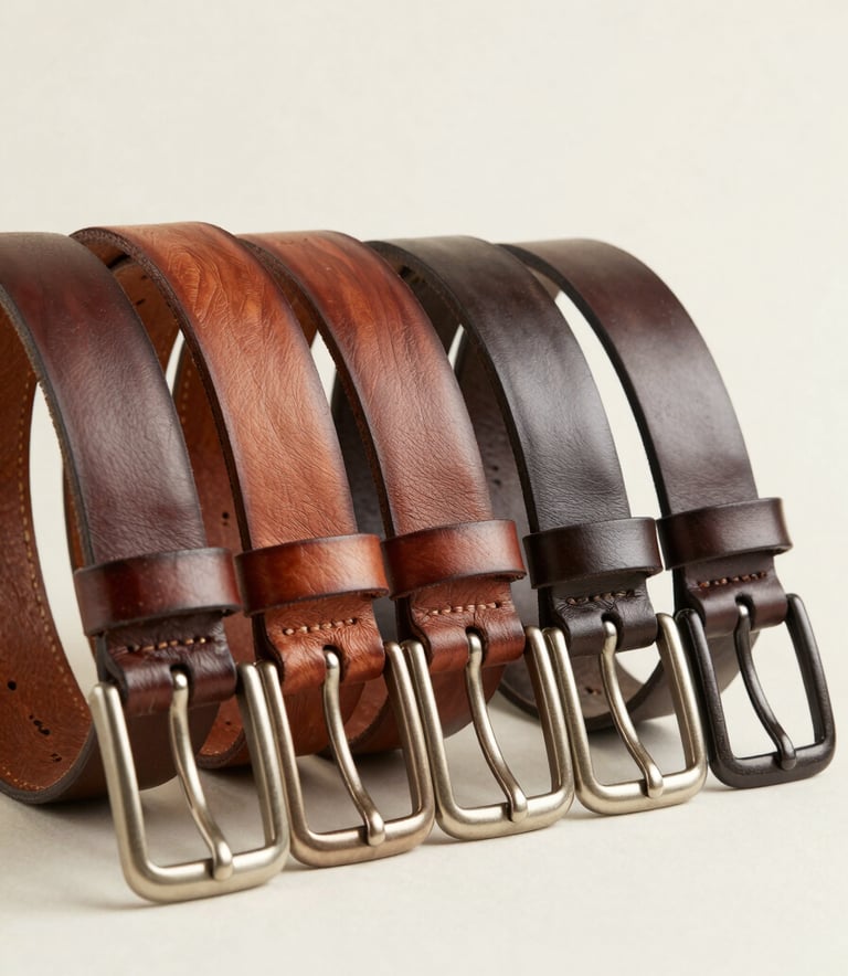 A row of various finely crafted leather belts in walnut brown and dark chocolate brown, presented on a minimalist creamy off-white background.