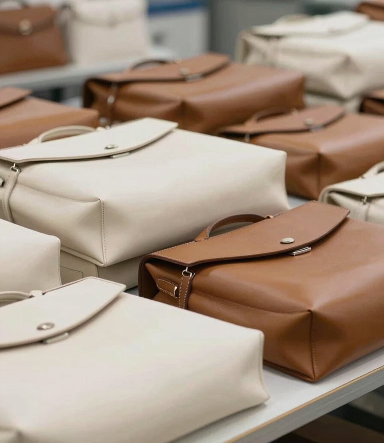 Neatly packaged premium leather goods in a modern South Asian / Indian export facility. Soft off-white and medium brown tones, clean minimal composition, professional and trustworthy atmosphere, natural lighting.