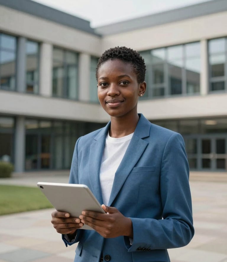 A professional and confident young student from West Africa standing in a modern university courtyard in the UK. They are wearing a slate blue blazer and holding a tablet, with soft-focus modern campus architecture in the background.