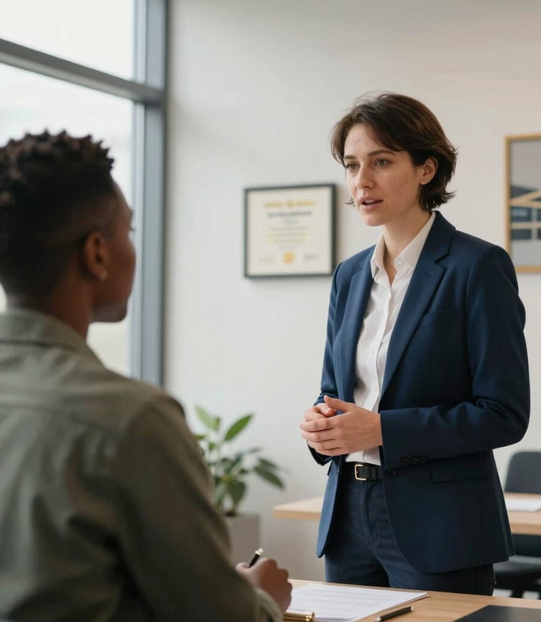 A professional setting in a modern UK university office. A consultant is speaking with a student from Africa in a bright, airy room with large windows. The consultant is wearing a navy blue blazer. In the background, a soft off-white wall features a framed certificate with gold detailing. The lighting is natural and sophisticated, emphasizing trust.