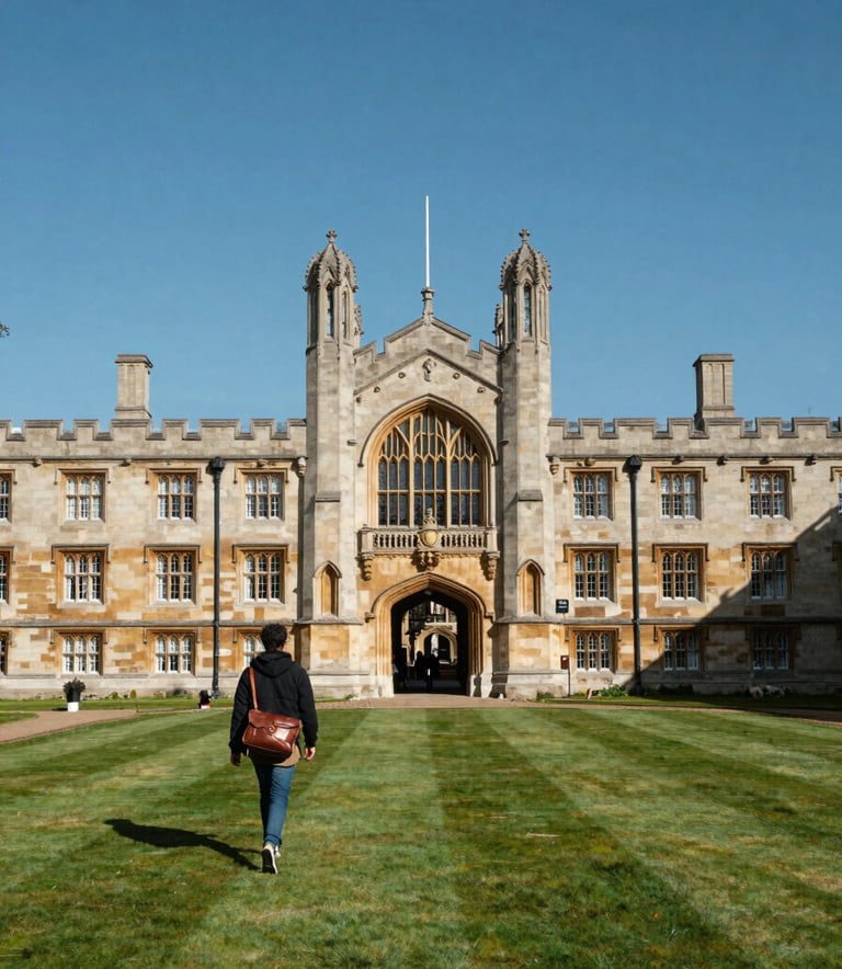 A wide-angle, high-quality shot of a historic UK university campus with stone architecture and manicured green lawns. The sky is a clear steel blue. In the foreground, a student carrying a leather bag walks confidently toward a grand entrance, symbolizing the bridge to a new future.