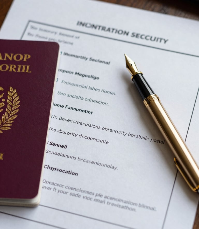 A close-up, high-angle shot of a desk featuring official-looking UK immigration documents, a passport, and a luxury burnished gold fountain pen. The lighting is soft and professional, emphasizing themes of security and meticulous auditing.