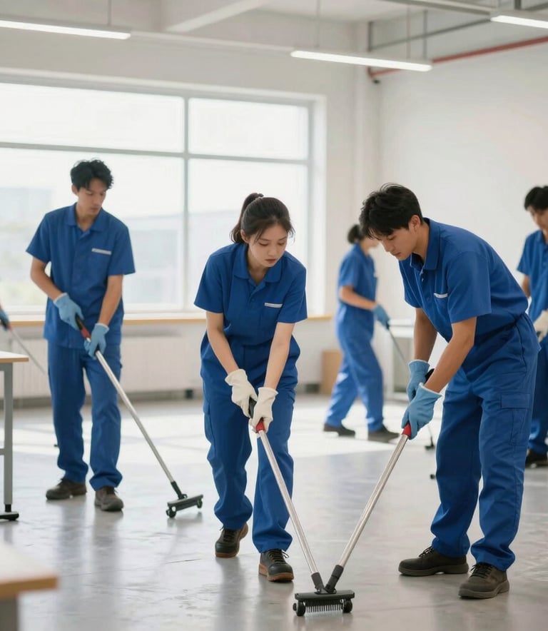 A team of professional cleaners in steel blue uniforms working efficiently in a large, bright, modern commercial space, daytime, Central European setting.