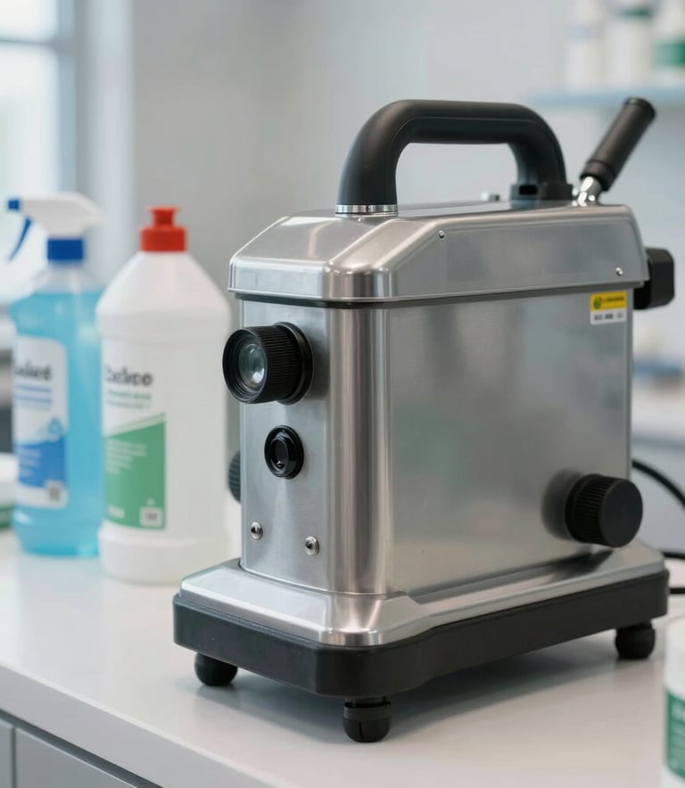 Detailed close-up of professional cleaning equipment and eco-friendly supplies in a bright, modern commercial space in Central Europe / Germany. The lighting is crisp and natural, highlighting textures of steel and glass with soft blue and white tones.