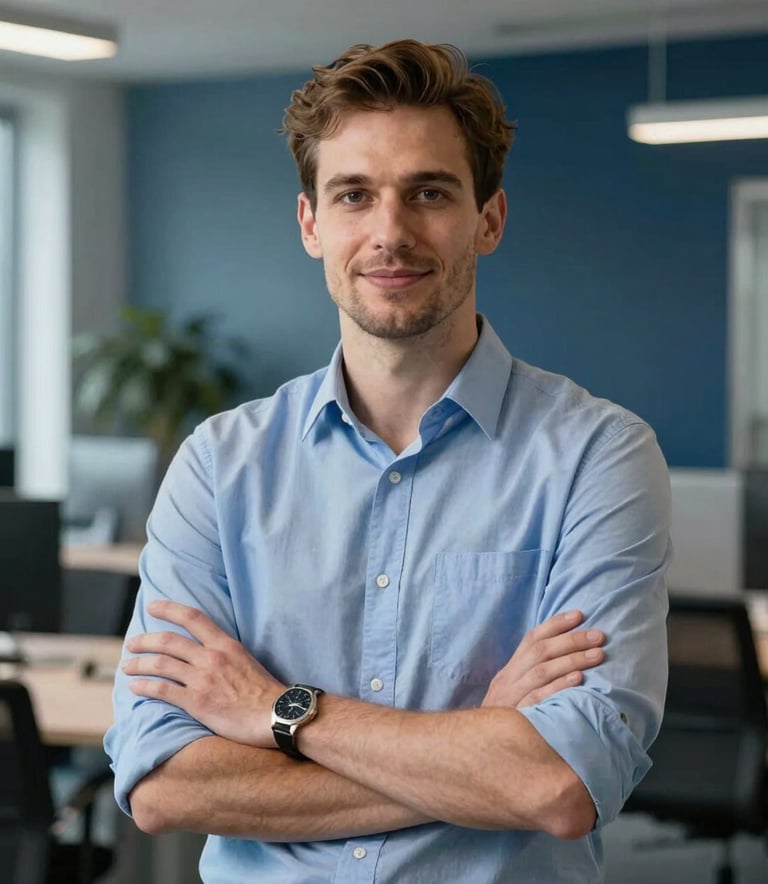 Portrait of a professional service manager in a modern German office setting, looking confident and friendly. The environment is clean and professional with soft blue and deep navy accents in the decor.