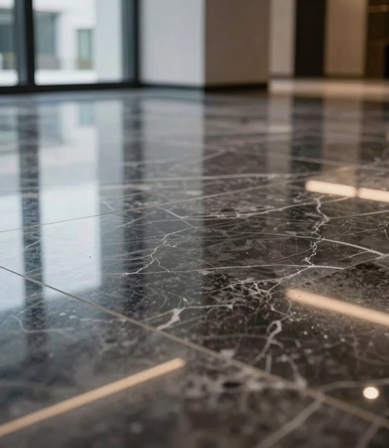 Close-up of a perfectly polished and gleaming dark marble floor in a modern German corporate building, reflecting soft light, representing high-quality post-construction cleaning.