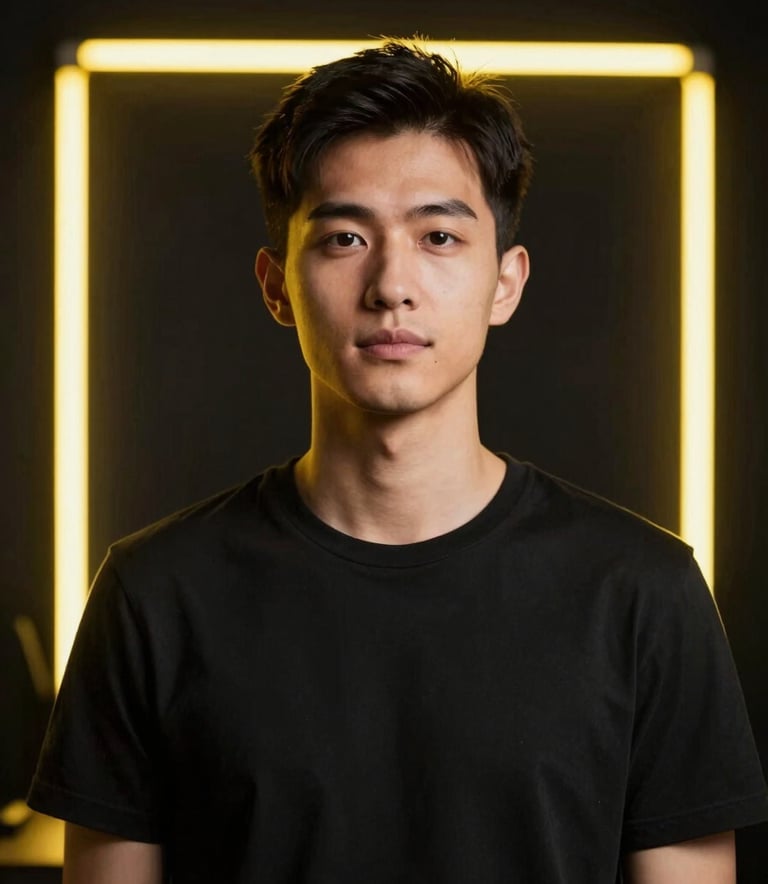 A professional portrait of a trendy creator in a high-tech studio environment. Cinematic lighting with neon yellow #F2FF00 rim lights against a deep black #0C0C0C backdrop. Sophisticated and performance-focused aesthetic.