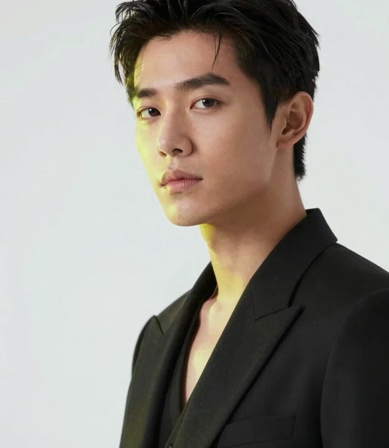 A close-up, high-fashion portrait of a stylish content creator in a minimalist setting, lit with sharp cinematic lighting and subtle #F2FF00 neon reflections, high-performance aesthetic.