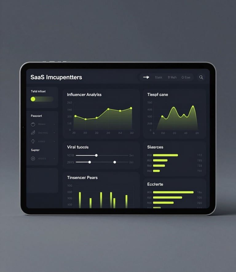 A high-tech SaaS interface displayed on a sleek tablet. The screen shows data-driven influencer analytics, viral trend charts, and campaign ROI metrics in neon yellow and white against a dark UI. Minimalist studio background with #0C0C0C and #2C3E50 tones.