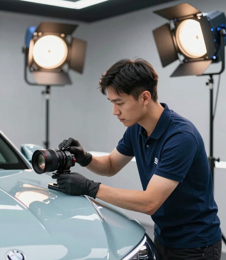 A focused influencer in a North American / Canadian professional studio setting, capturing high-quality video of a car detailer working on a luxury vehicle. The scene is illuminated by sleek, modern studio lights, featuring accents of Muted Petrol Blue and Arctic Mist.