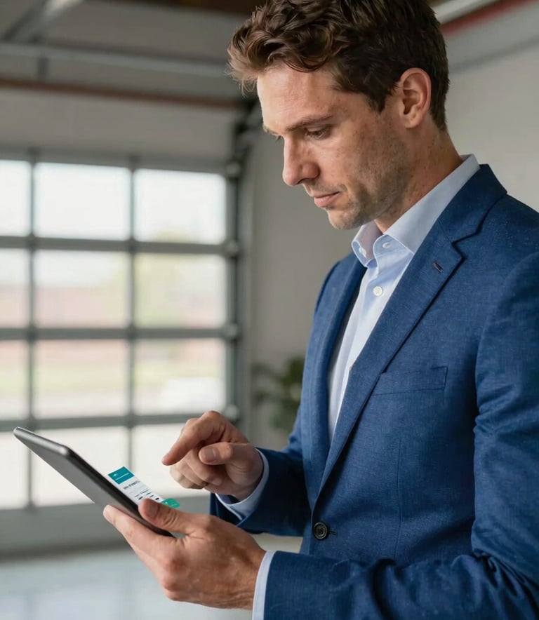 A professional North American / Canadian marketing expert in a Steel Blue suit reviewing social media analytics on a tablet, a high-end garage visible in the background.