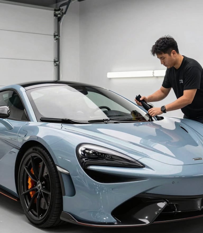 A sleek, high-end sports car in a modern Calgary garage. A professional detailer is applying a ceramic coating, with soft lighting reflecting off the Arctic Mist colored paint. The environment is clean and professional.
