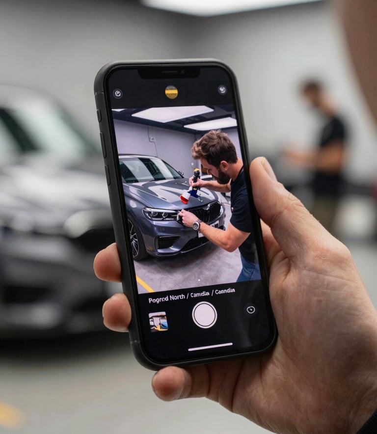 A close-up shot of a smartphone screen showing a viral video of a car detailing process, held by a person in a modern North American / Canadian setting.