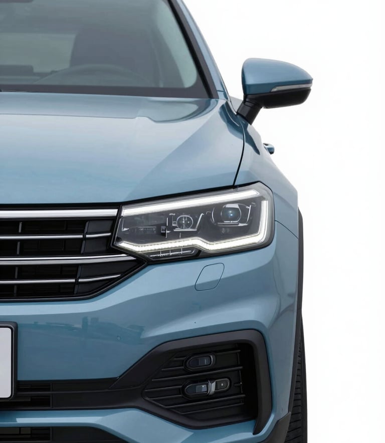 A minimalist studio photograph of a modern car headlight and grille, sharp focus, clean lighting, incorporating #89AAB8 and #0A1F26 tones, representing professional automotive maintenance.