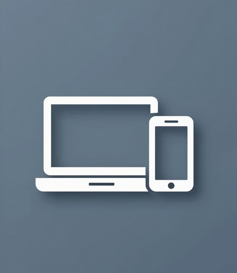 A high-quality minimalist icon of a laptop and smartphone, clean white lines on a professional #2C4D5B background, emphasizing technical IT repair competence and modern simplicity.