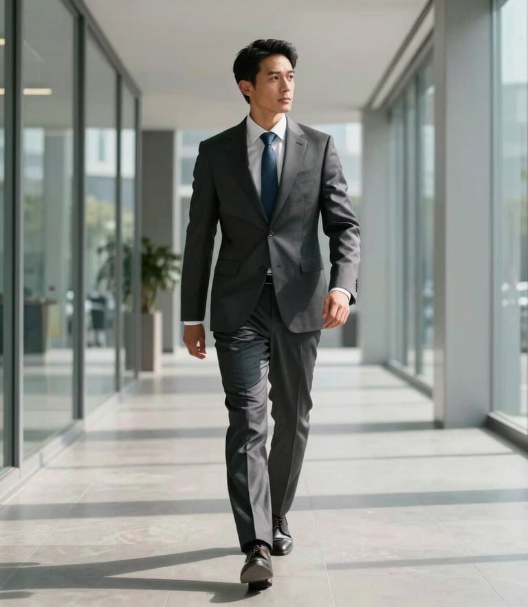 A man in a sharp charcoal suit walking through a glass-walled modern office hallway in a North American city. High-end, tech-brand aesthetic with sharp lighting and deep shadows.