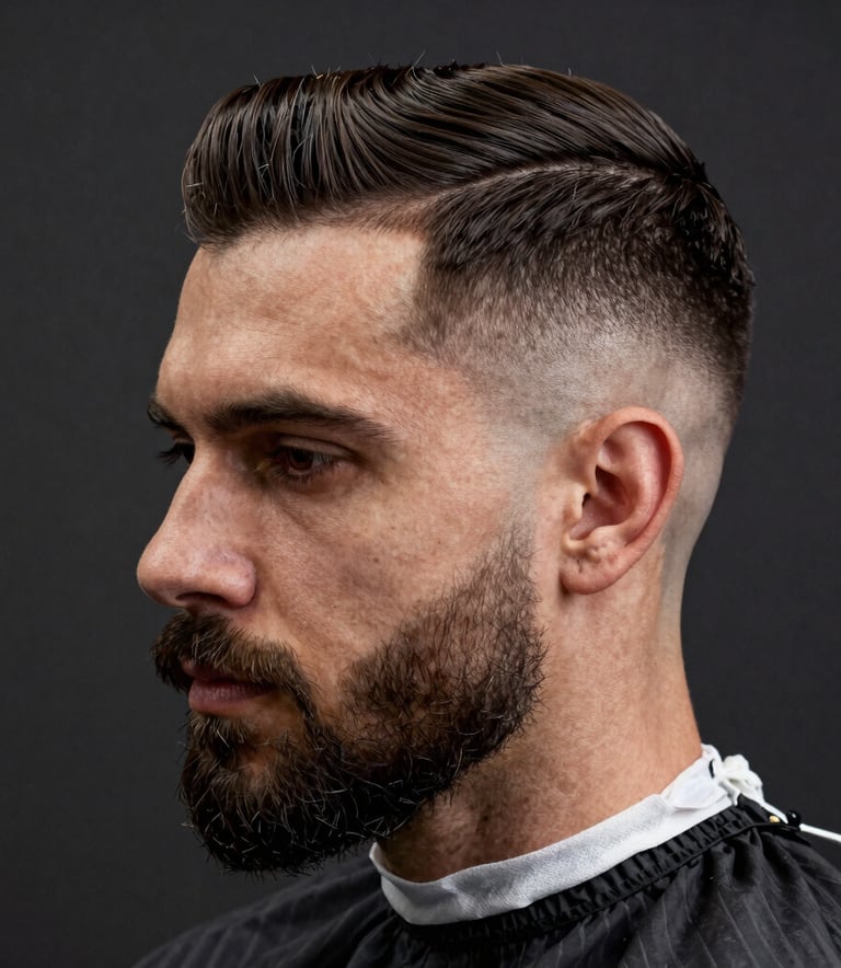 A sharp, high-end photography close-up of a man with a perfectly groomed beard and a precise modern haircut. The background is dark charcoal and minimalist, with professional soft lighting that emphasizes texture and precision in a luxury barbershop setting in North America.