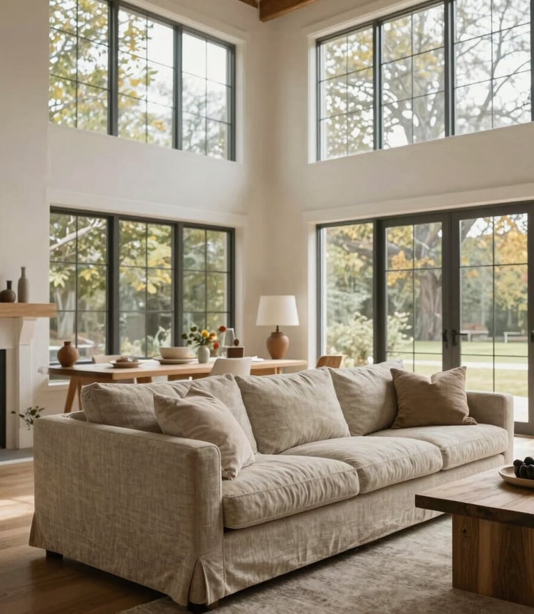 A bright, airy living room with a neutral linen sofa, high ceilings, large windows looking out to soft foliage, refined styling with warm sand tones and clean wooden tables, North American / Modern Western.