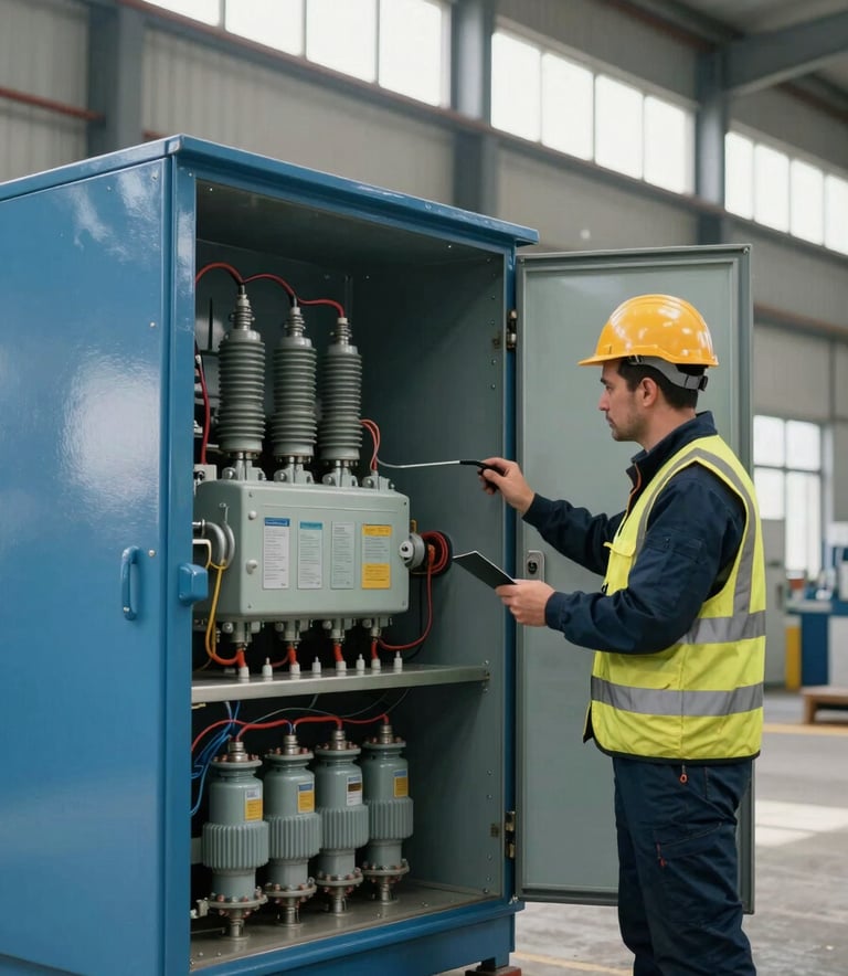 A focused shot of a professional engineer in a Turkish / Anatolian industrial setting, wearing safety gear and inspecting a large steel blue electrical compensation panel with intricate wiring and components, natural daylight from high warehouse windows.