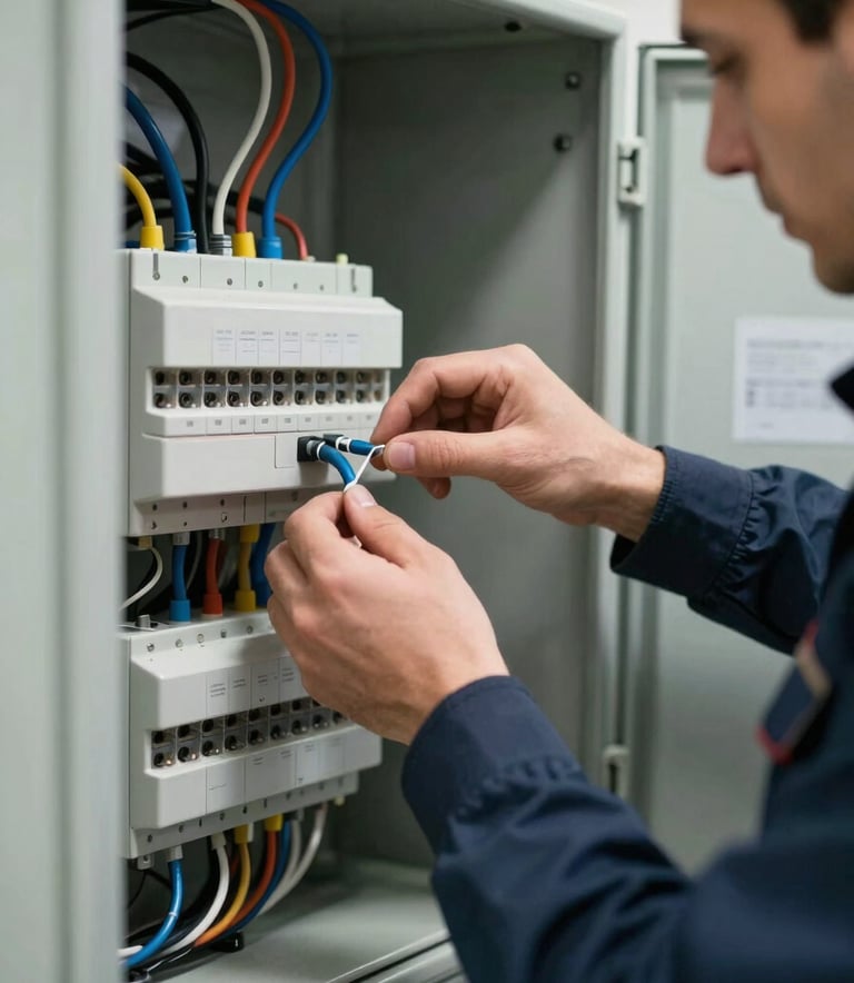 A detailed photograph of a Turkish / Anatolian electrical engineer's hands, wearing professional gear, meticulously organizing wires inside an electrical panel. The setting is a clean, modern workshop with tools in dark navy and steel blue.