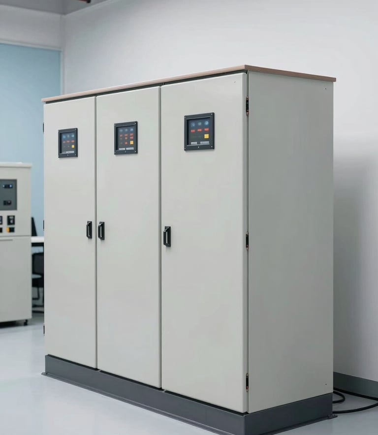 A wide-angle professional shot of a large, modern electrical compensation panel in a bright, clean Turkish / Anatolian industrial facility. The panel is a neutral pale grey, standing against a clean wall with subtle sky blue accents in the environment.