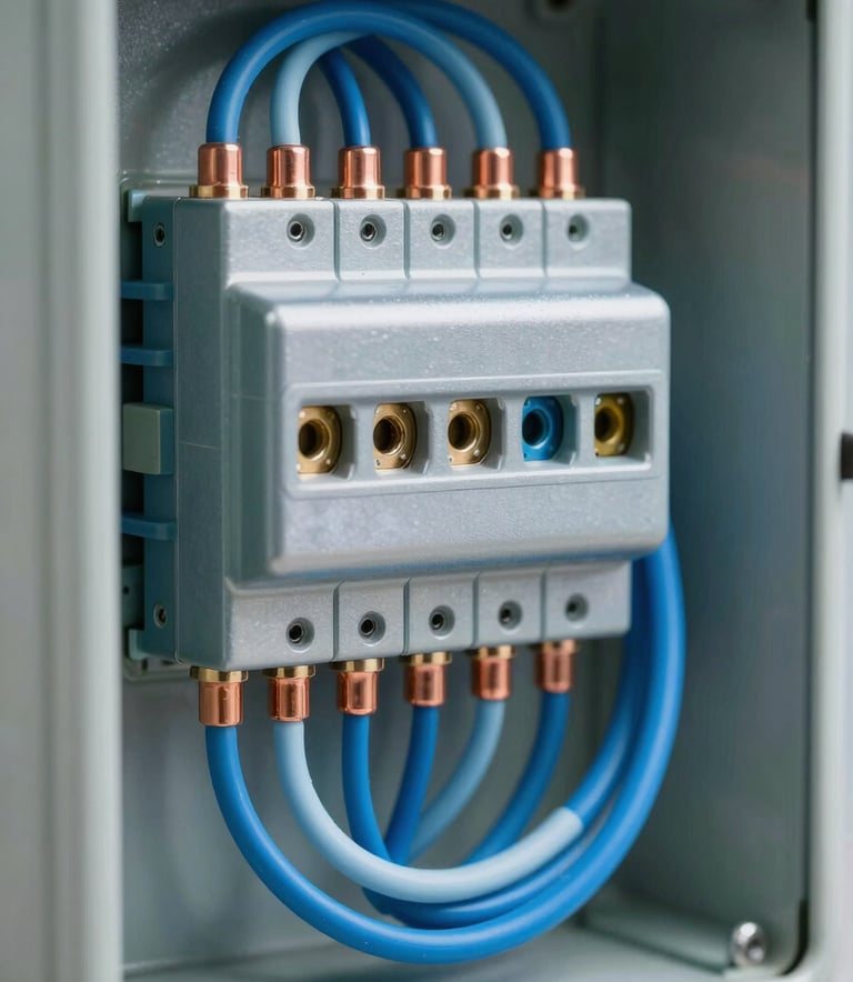 Macro photography of internal electrical wiring and copper terminals inside a compensation panel, featuring steel blue and light blue cable management, sleek and modern industrial look.