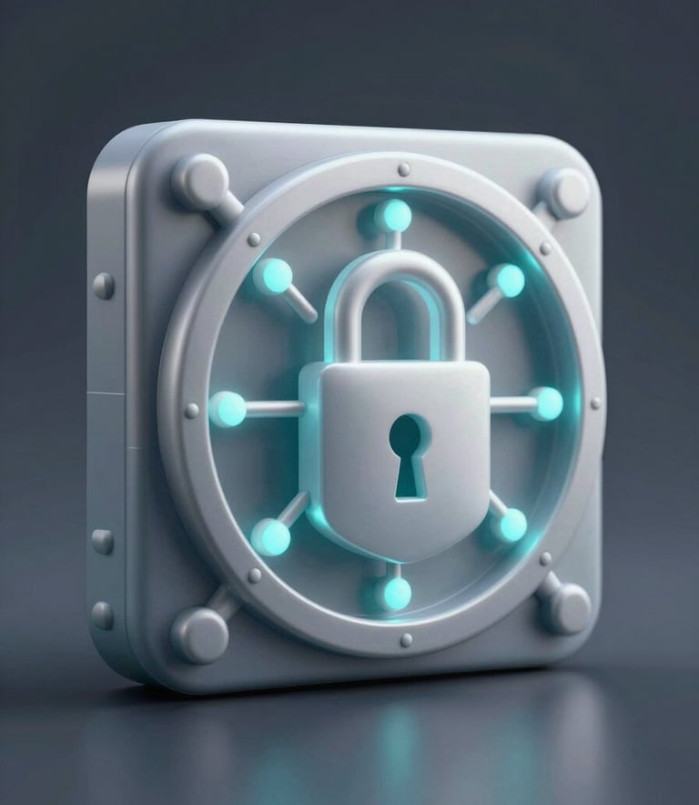 A conceptual 3D render of a secure data vault icon, styled with translucent materials and glowing nodes in #587EA3 and #E0E7ED, representing high-level encryption and security, clean professional aesthetic.